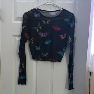 Sheer Mesh Butterfly Print Long Sleeve Top – Y2K Aesthetic E-Girl Style